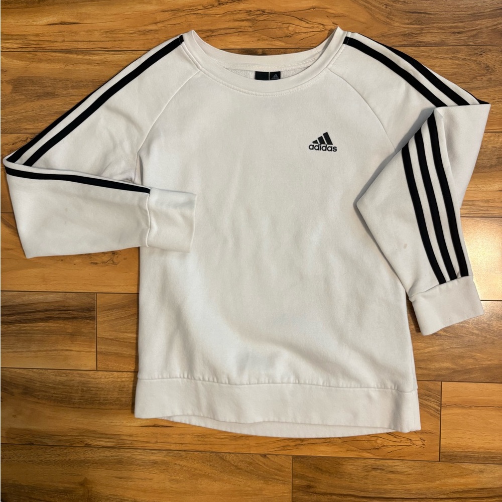 Adidas Womens White Sweatshirt with Black Sleeve Stripes